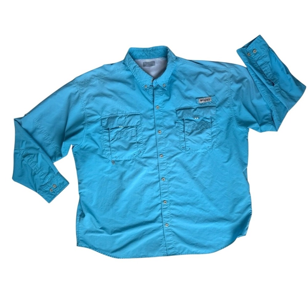 Columbia PFG Mens Teal Fishing Shirt  2XL Vented Long Sleeve Relaxed Fit Casual